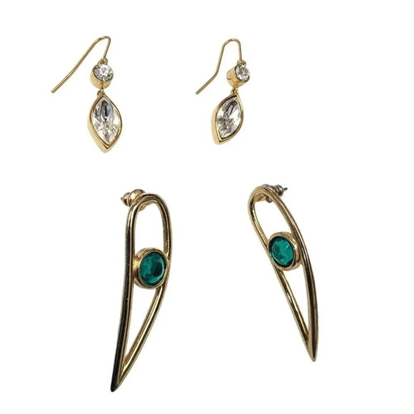 Vintage 60s-70s Crystal Leaf & Teardrop Rhinestone Dangle Earrings Set Gold Tone - Picture 1 of 1